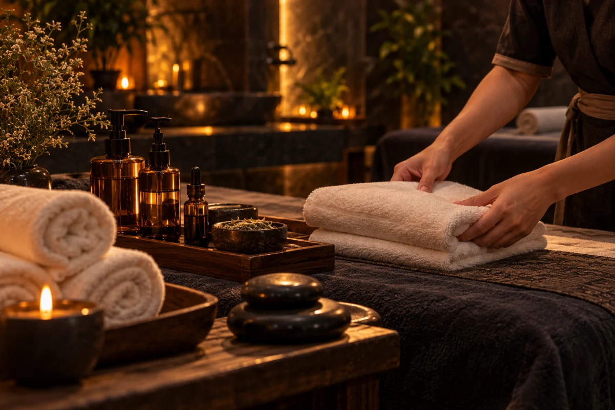 Kỹ thuật viên chuẩn bị khăn và tinh dầu – Thạch An